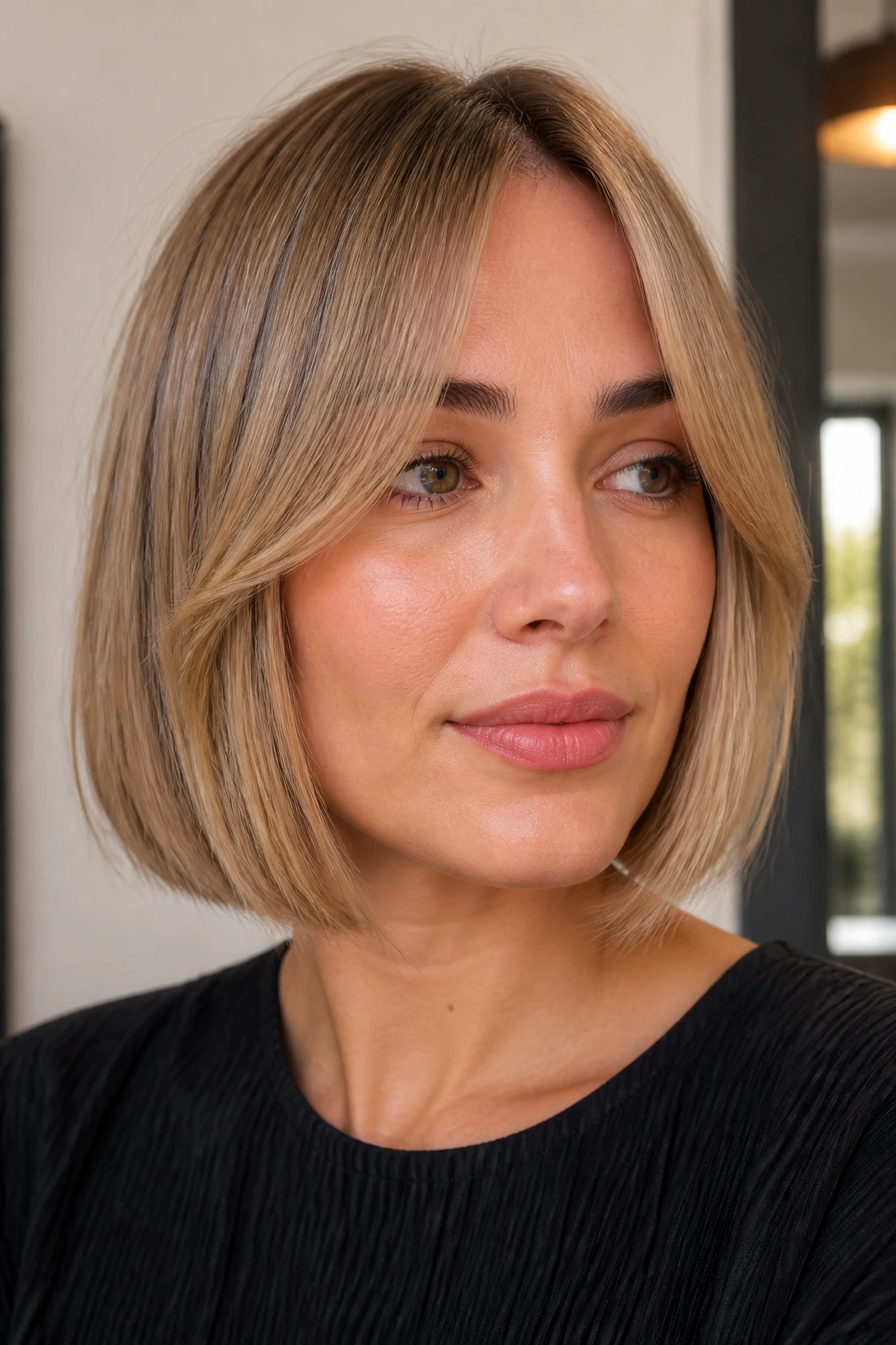 Close-up of a woman with blunt bob and curtain bangs