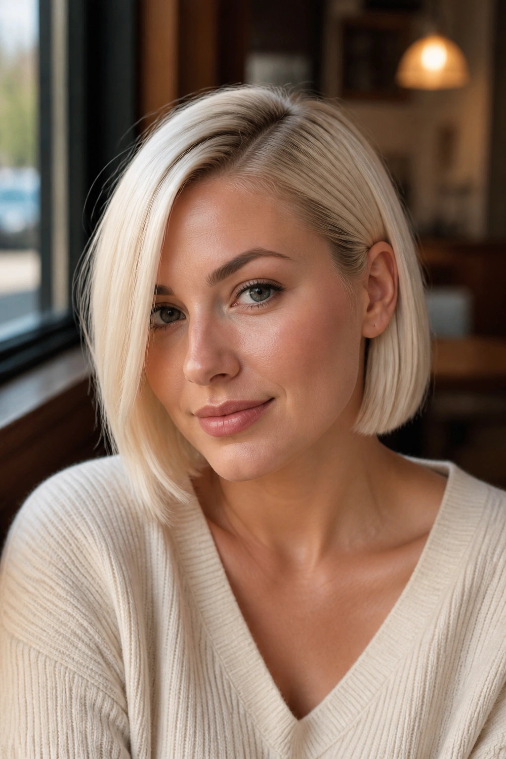 Real woman with blunt bob and deep side part in platinum blonde