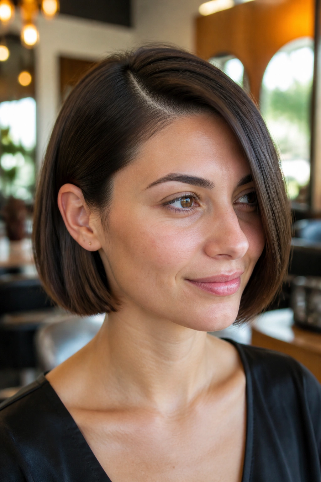 Portrait of a woman with a blunt bob and deep side part in a sunny salon