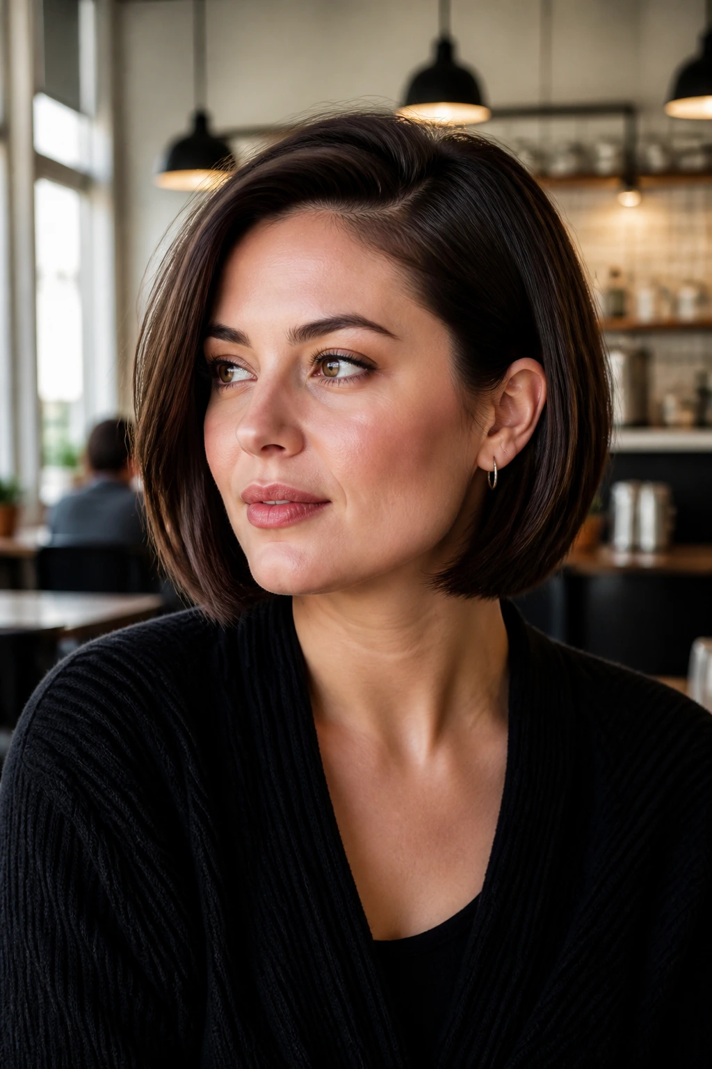 Close-up portrait of a real person with blunt bob and deep side part