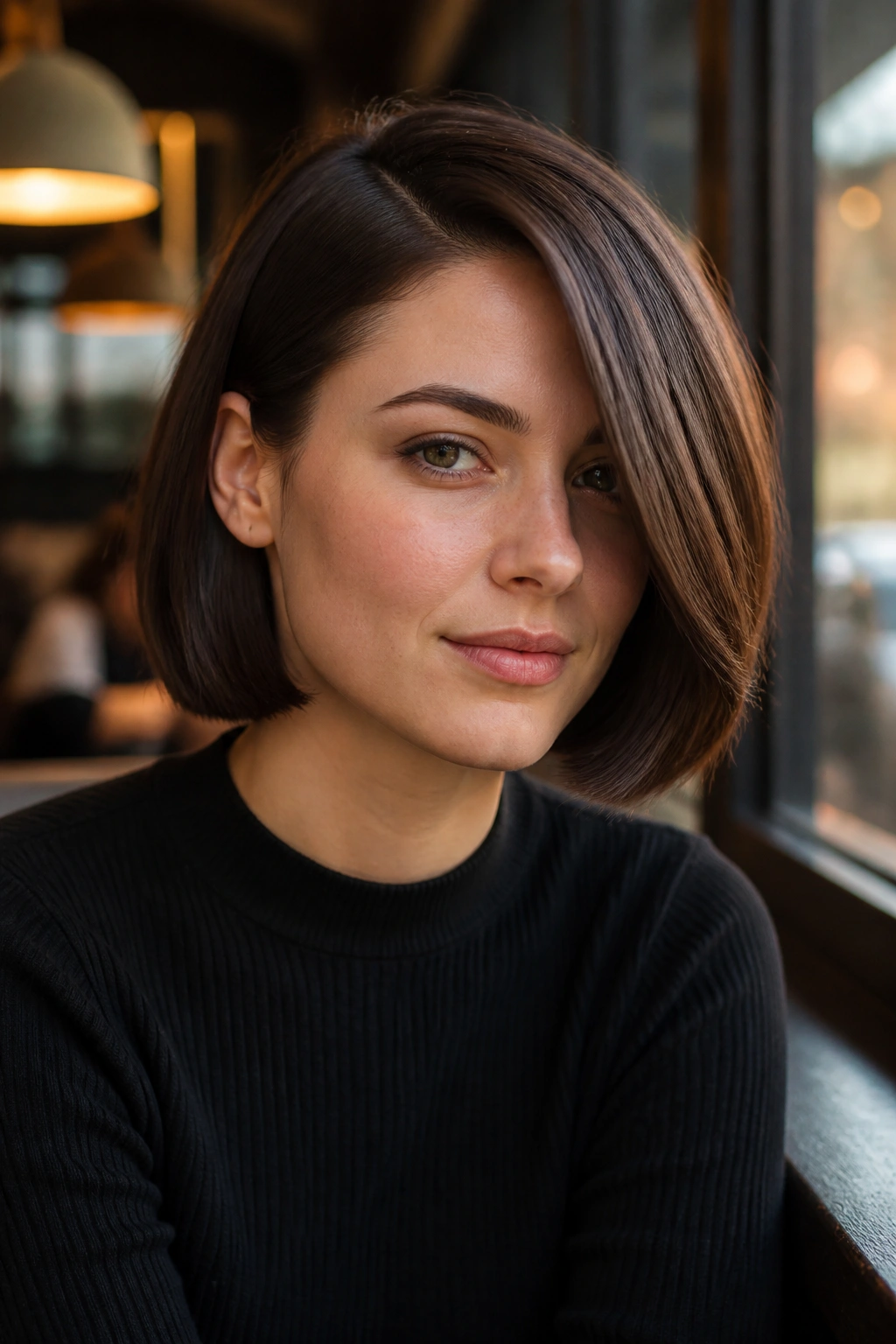 Close-up of a real woman with a blunt bob and deep side part in a cafe setting