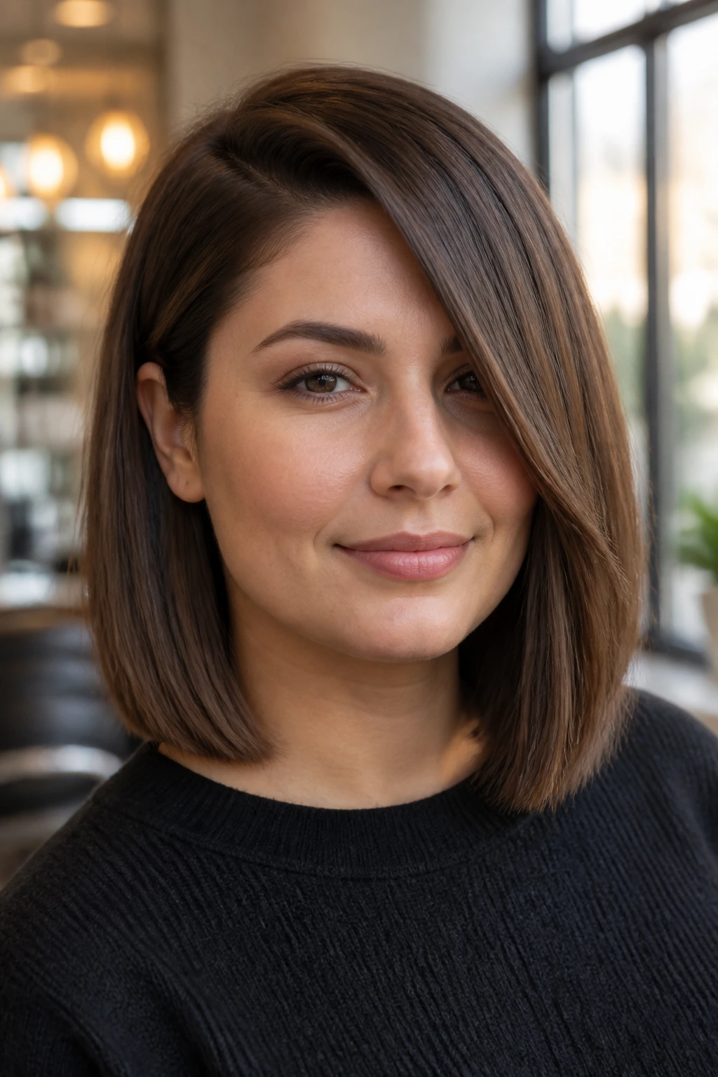 Real woman with shoulder-grazing blunt bob and deep side part in warm salon light.