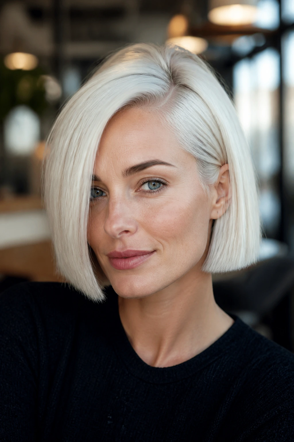 Close-up portrait of a real woman with blunt bob and deep side part on white hair