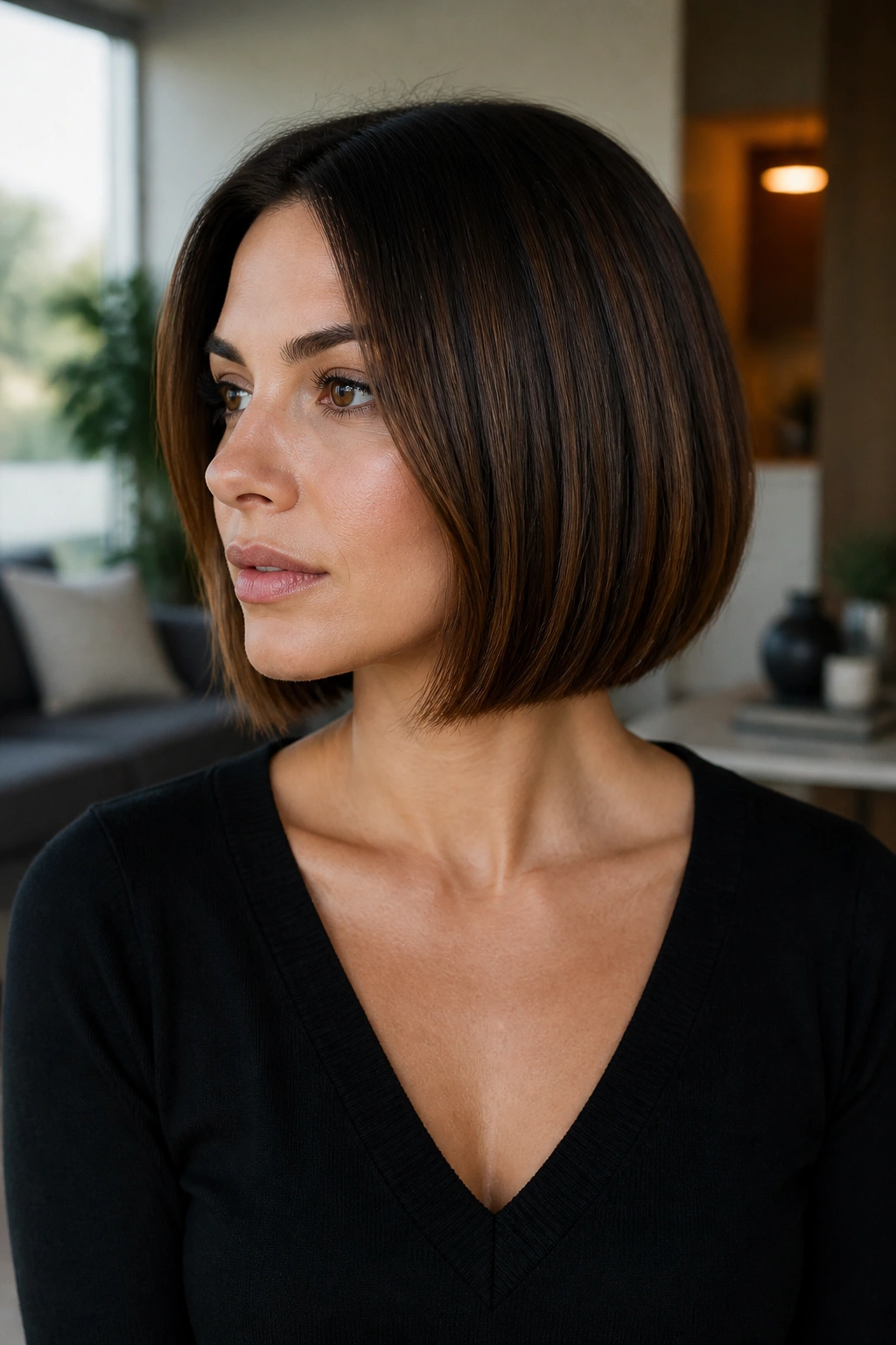 Portrait of a real woman with a blunt brown bob and dimensional color.