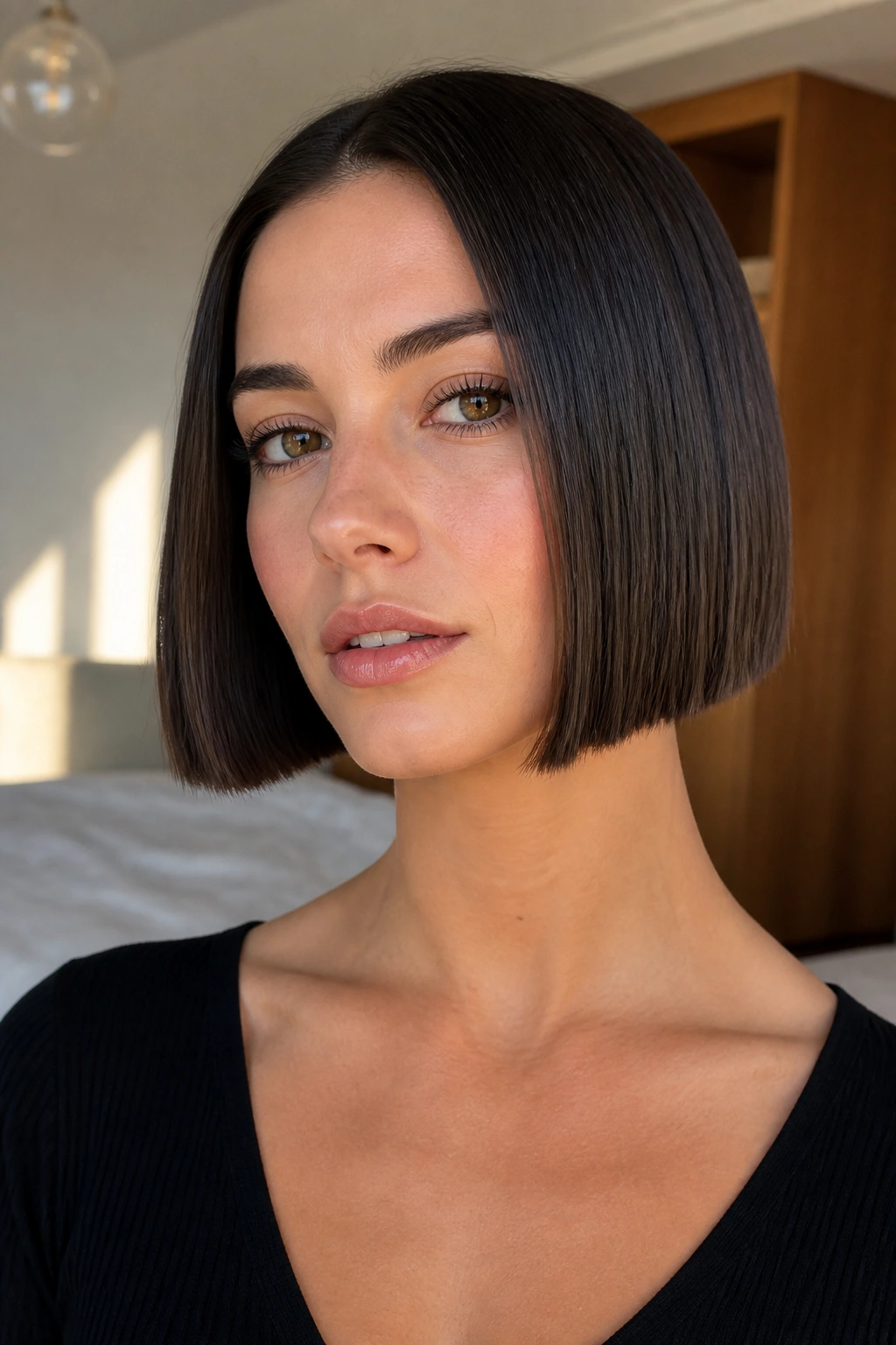 Close-up of a real woman with a jaw-length blunt bob and clean edge