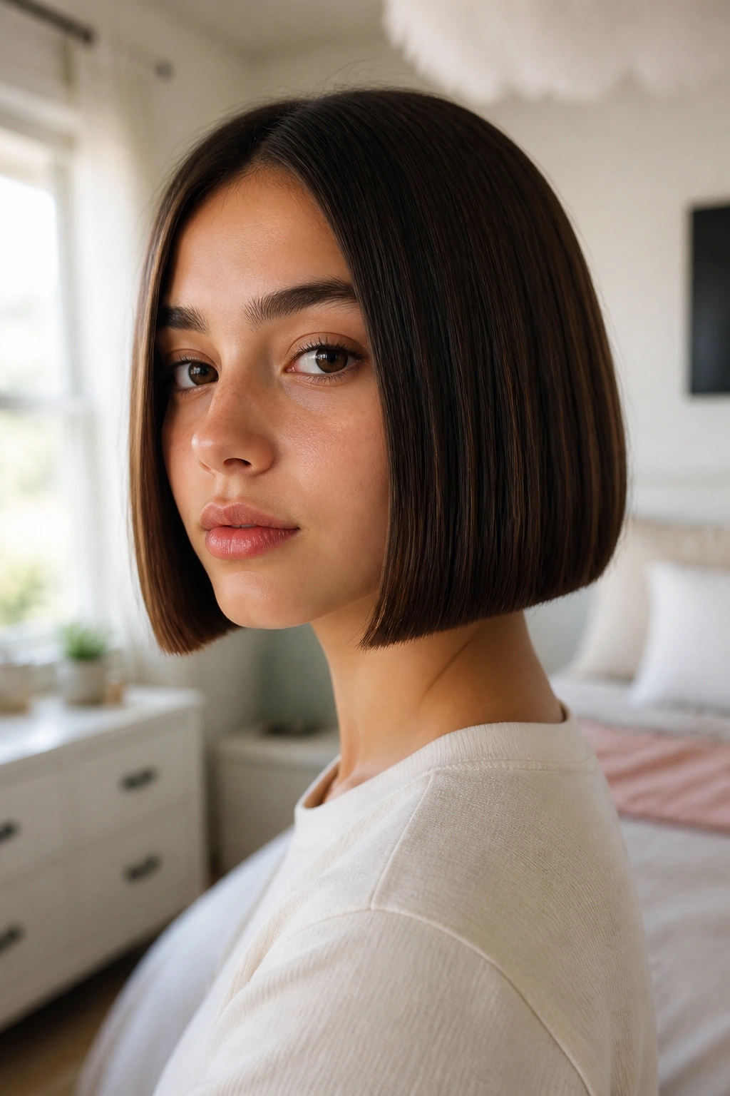 Close-up of a girl with a blunt bob and a crisp edge