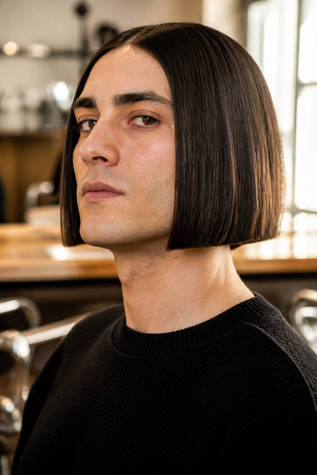 Close-up of a man with a blunt bob in a barber shop