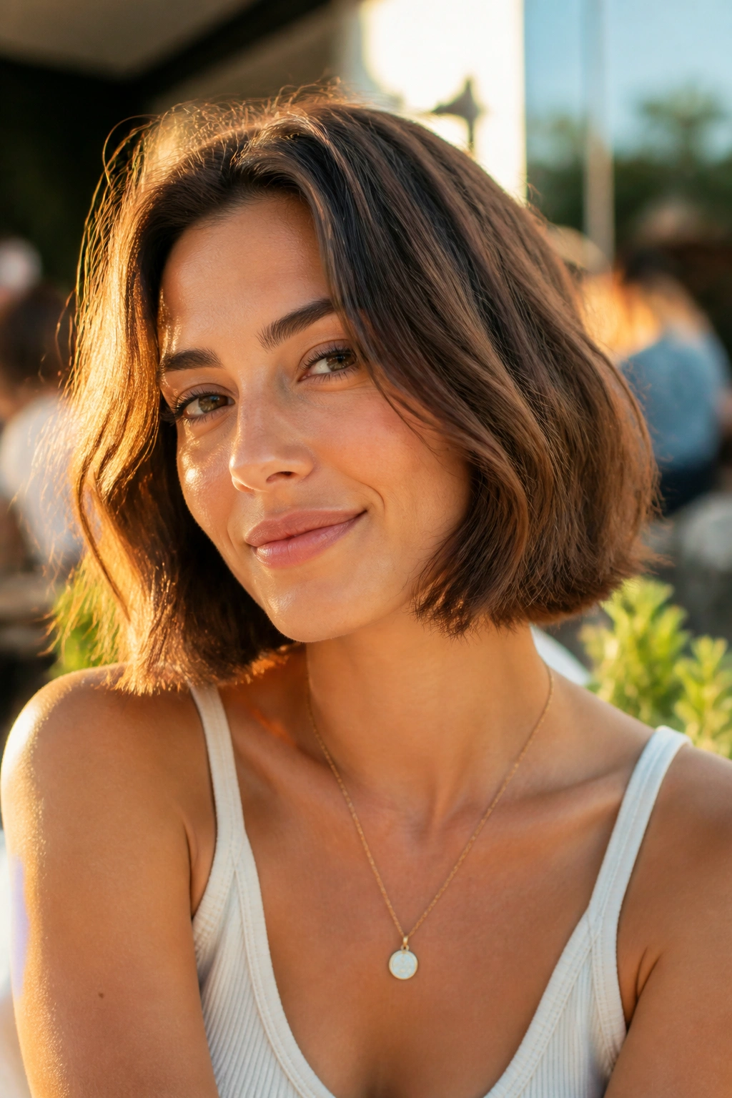 Close-up of a real woman with a jaw-length blunt bob and soft ends