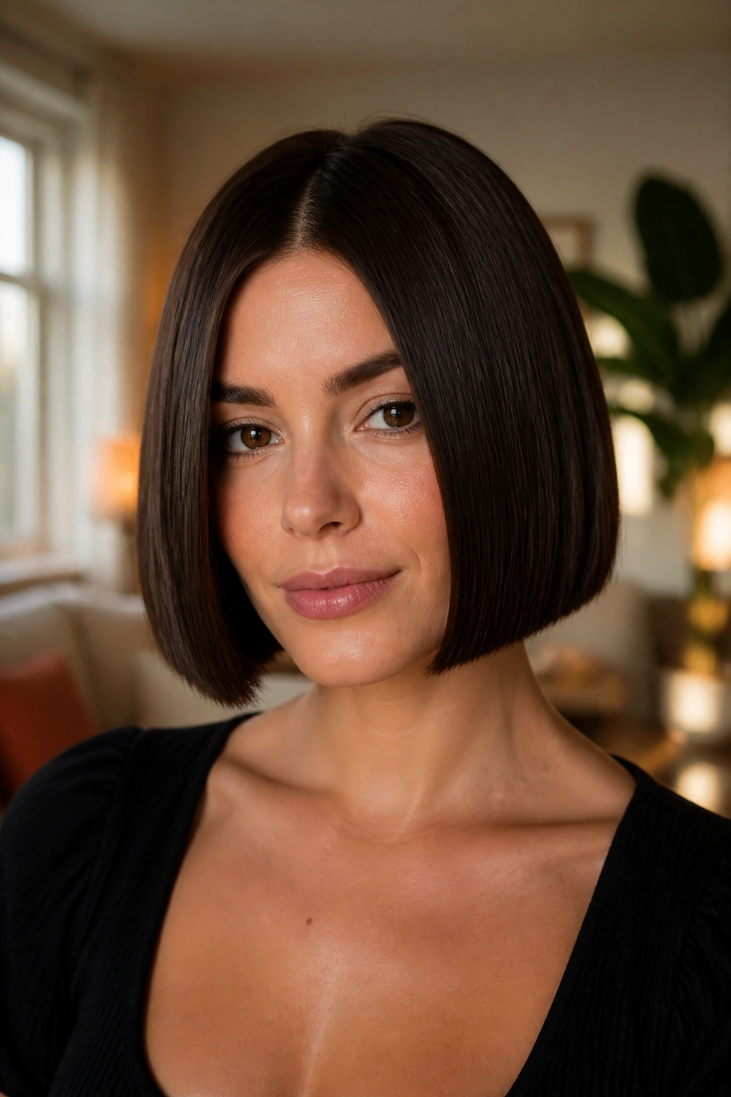 Close-up of a brunette woman with a blunt chin-length espresso bob under warm natural light