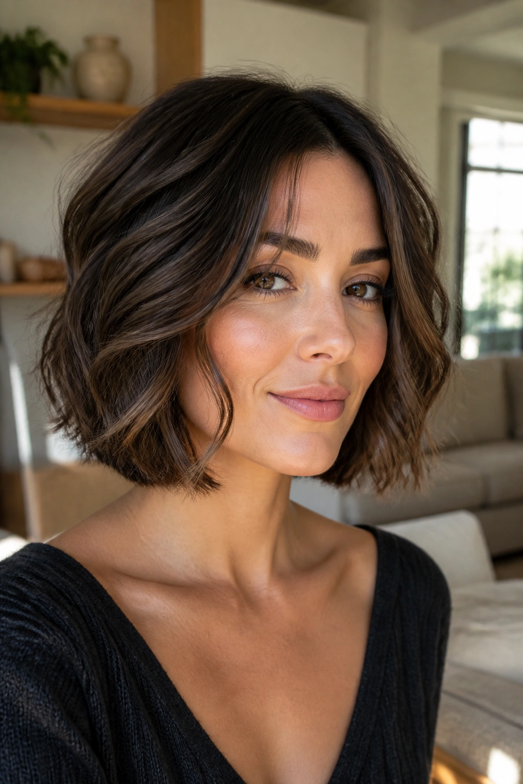 Close-up of a real woman with blunt bob and face-framing layers.
