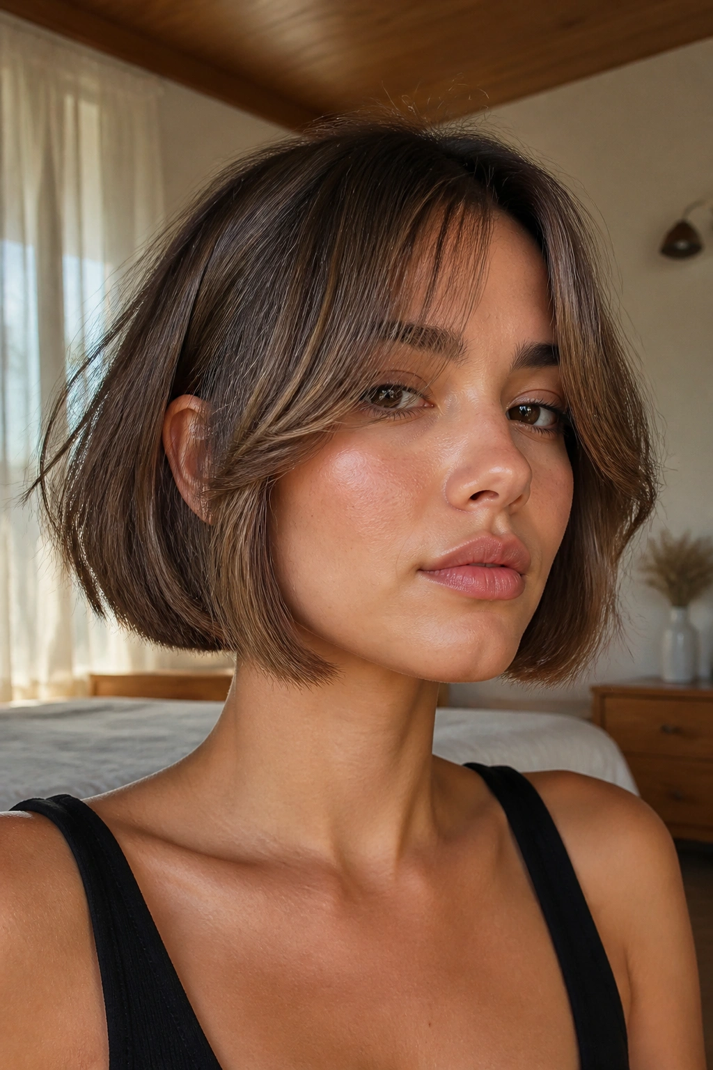Close-up portrait of a real woman with a blunt bob and feathered curtain bangs in a sunlit bedroom.