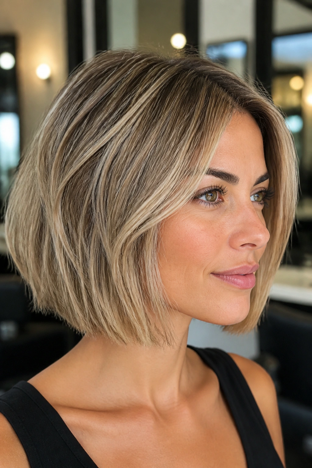 Real woman with blunt bob and feathered interior layers in soft salon daylight