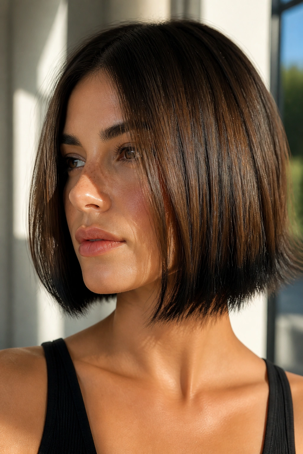 Real woman with a sleek blunt bob and feathered black tips.