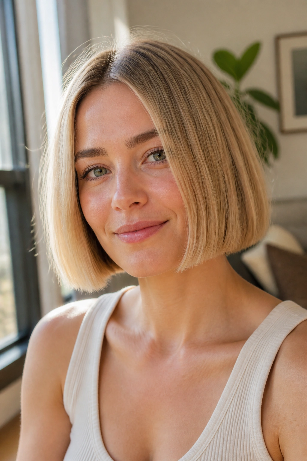 Close-up of real woman with chin-length blunt bob in sunlit window light