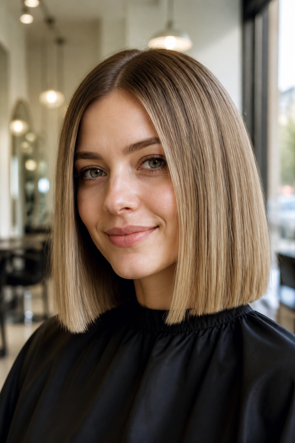 Real woman with blunt shoulder-length One-Length Mid-Length Bob in natural salon light