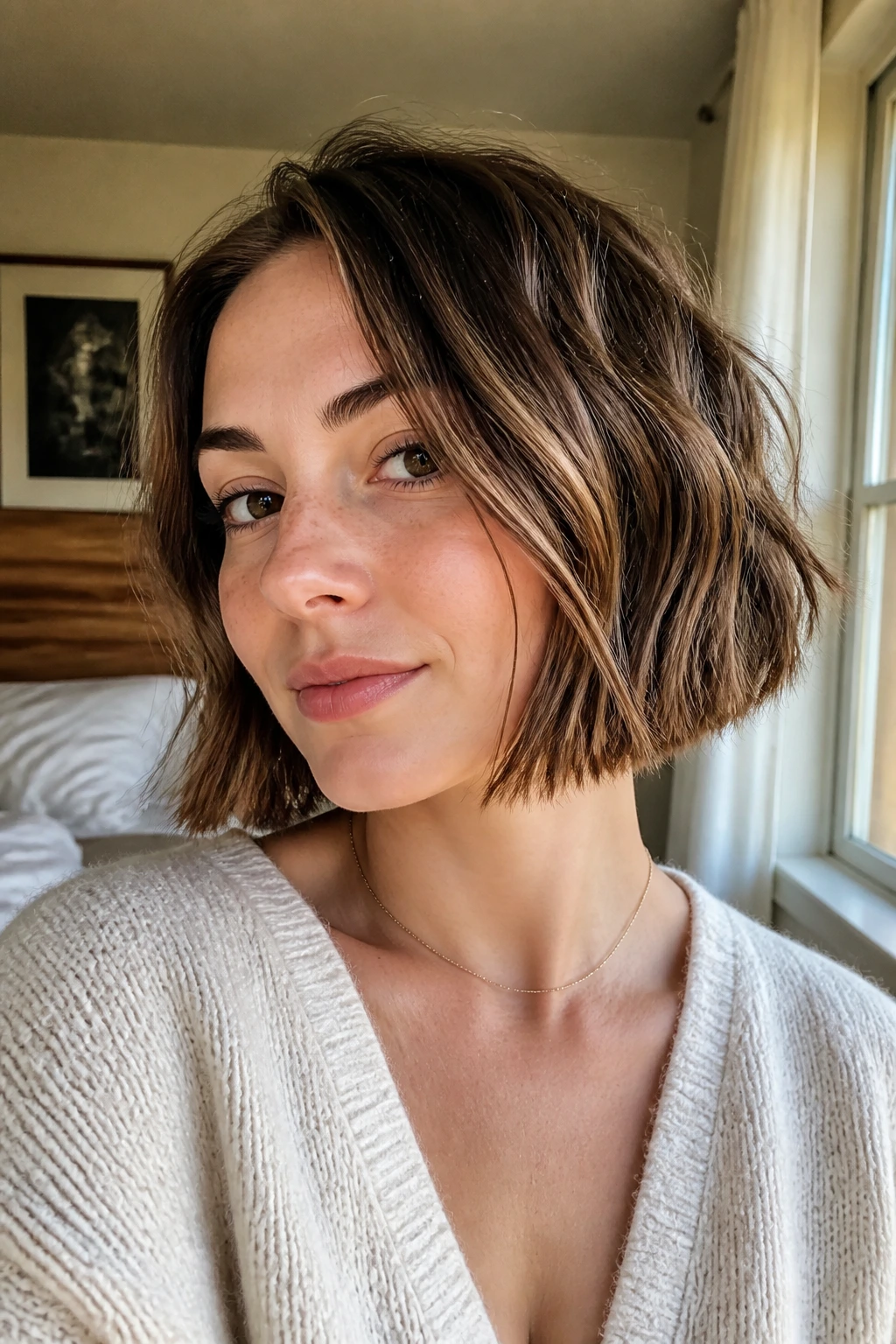 Close-up of a real woman with a chin-length blunt tousled bob.