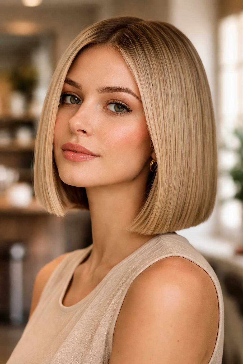 Close-up portrait of a real woman with a blunt one-length bob and dense, heavy edge