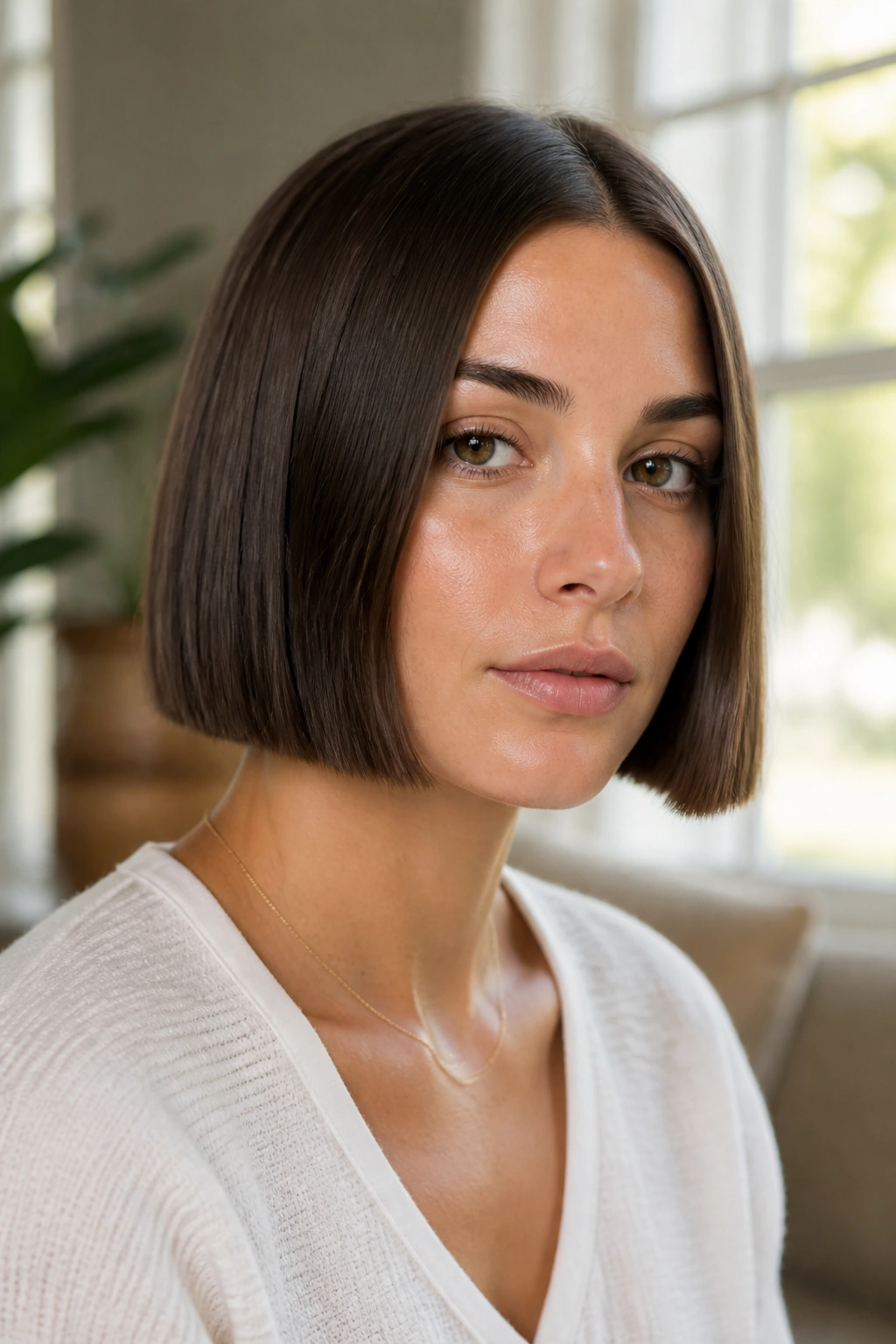 Close-up of real woman with chin-length blunt bob and center part