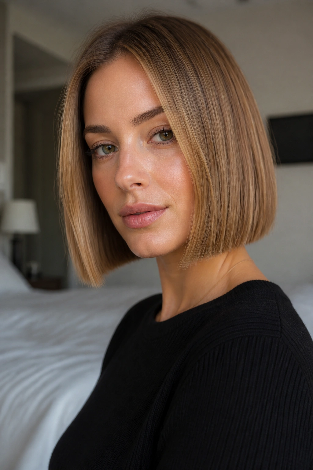 Close-up of a real woman with a blunt bob and clean ends.