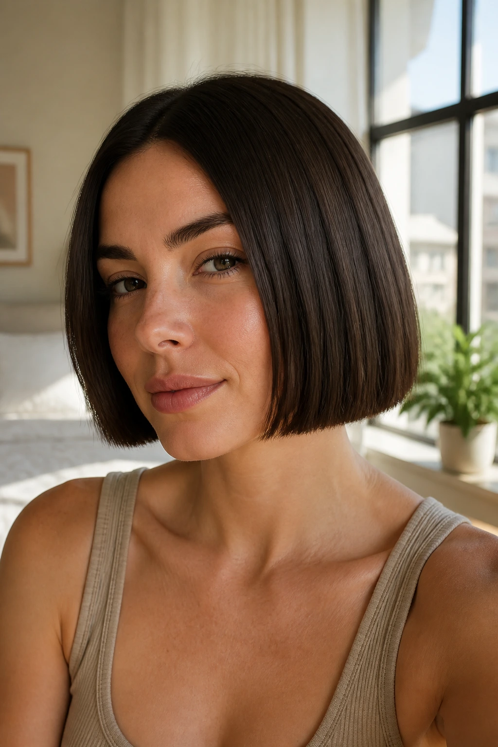 Close-up portrait of a real woman with a blunt jaw-length bob.