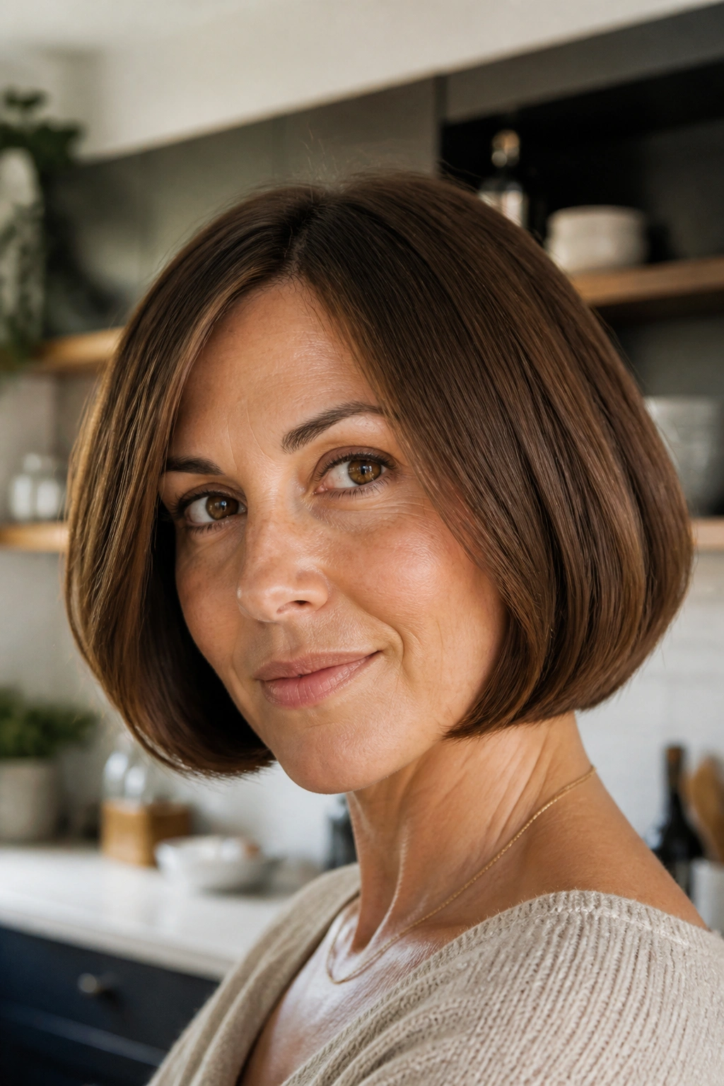 Real woman with blunt bob and gentle bend in a warm indoor setting.