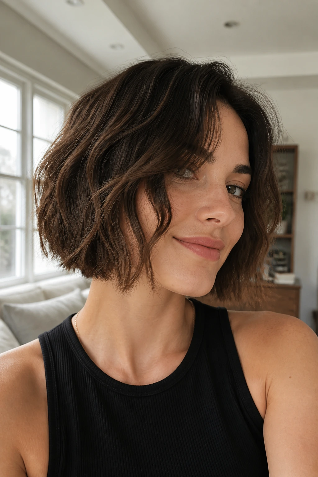 Real woman with blunt bob and ghost layers in bright living room.