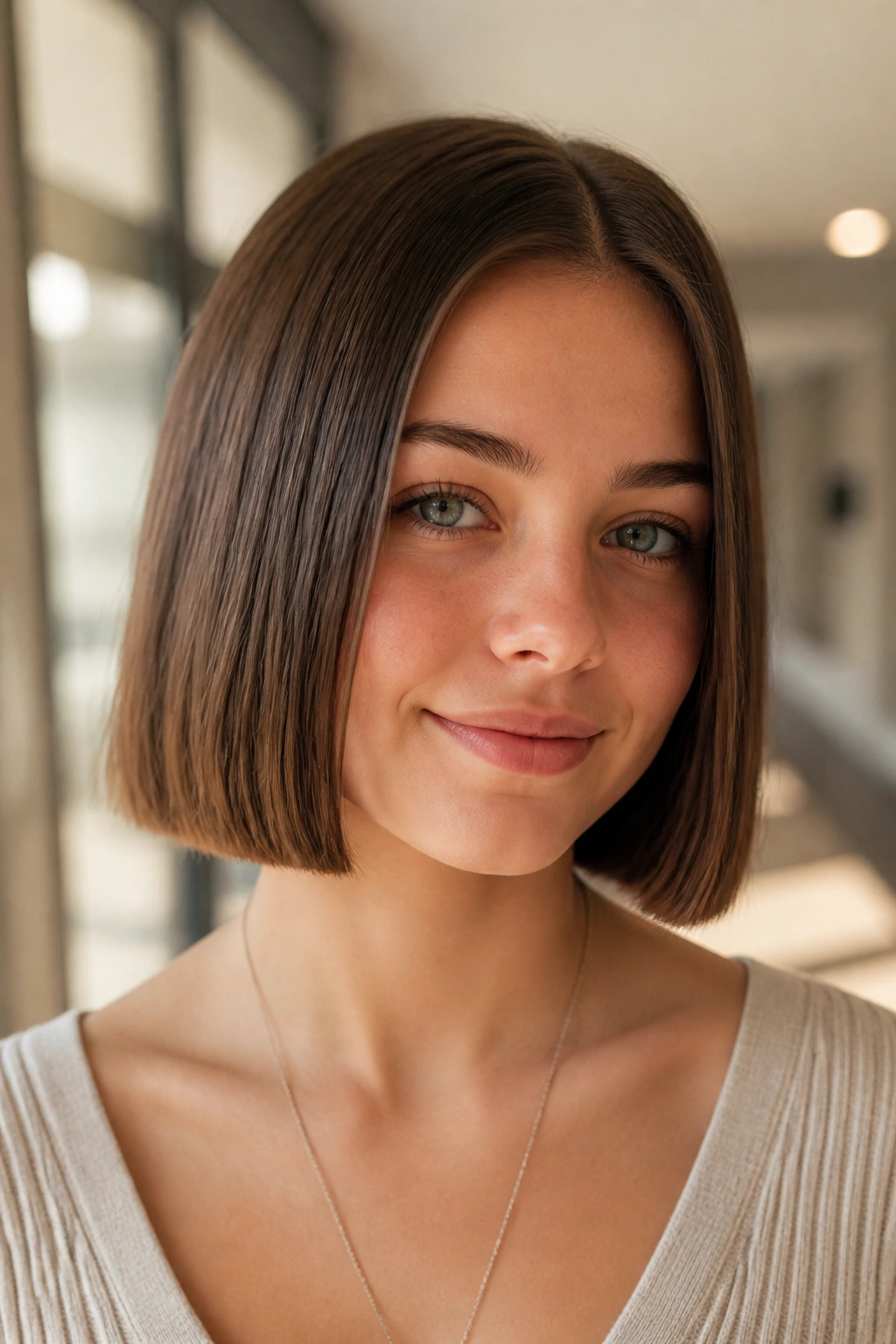 Close-up portrait of a girl with a blunt bob and clean edge