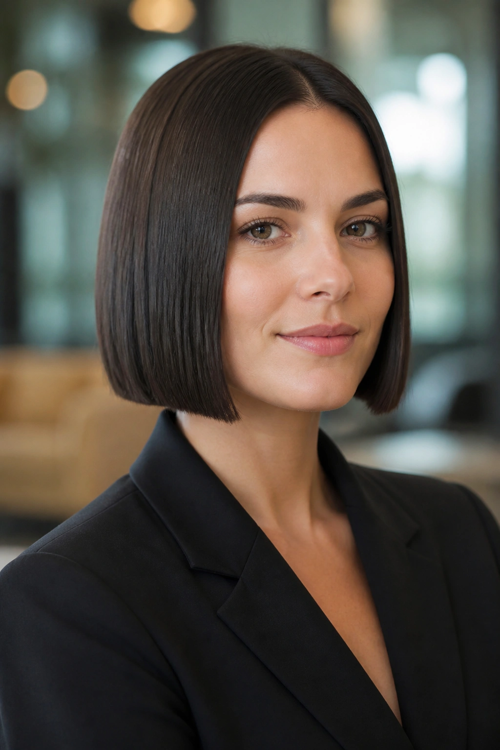 Portrait of a real woman with a polished blunt bob in a professional setting