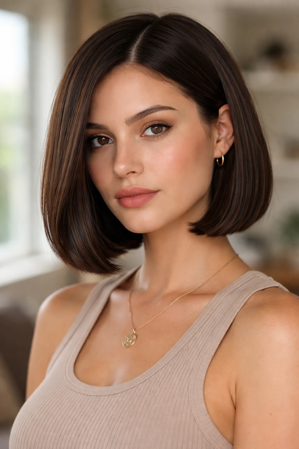 Close-up of a real person with a blunt-edged bob hairstyle.