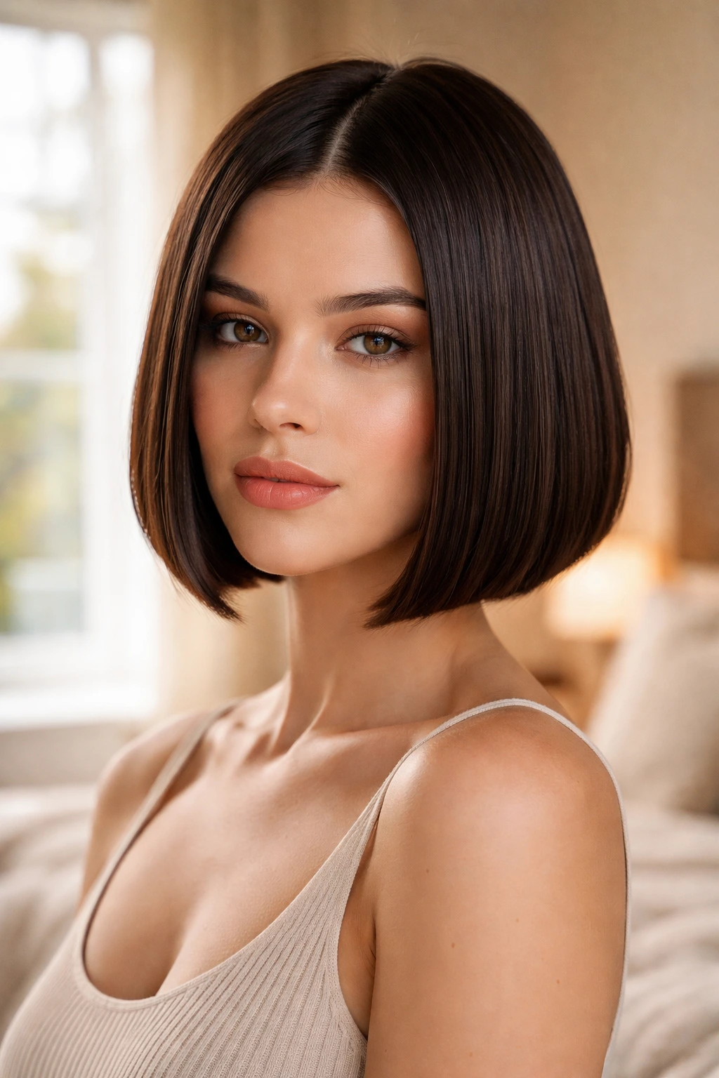 Close-up of a real woman with a blunt bob hairstyle, jaw-length cut, glossy straight hair.