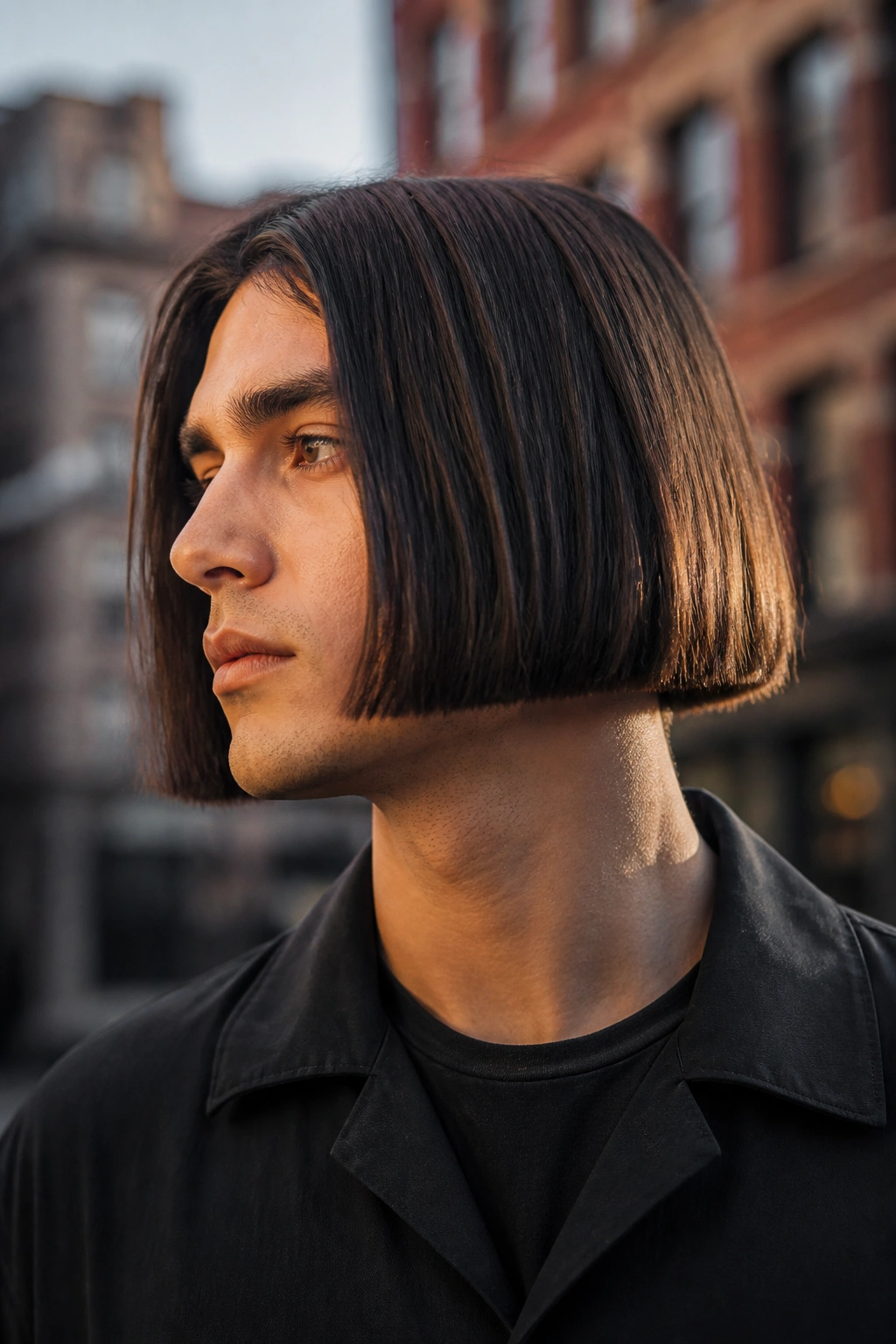 Close-up of a man with a blunt bob and heavy ends in an urban setting