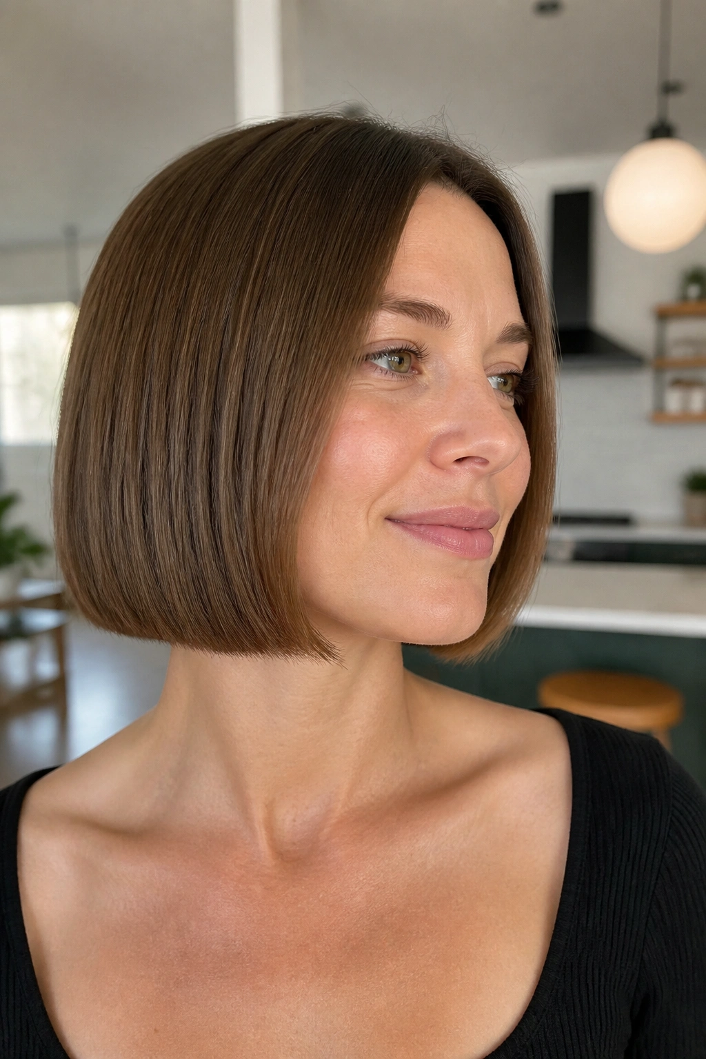 Close-up of a real woman with a blunt bob and hidden internal layers.