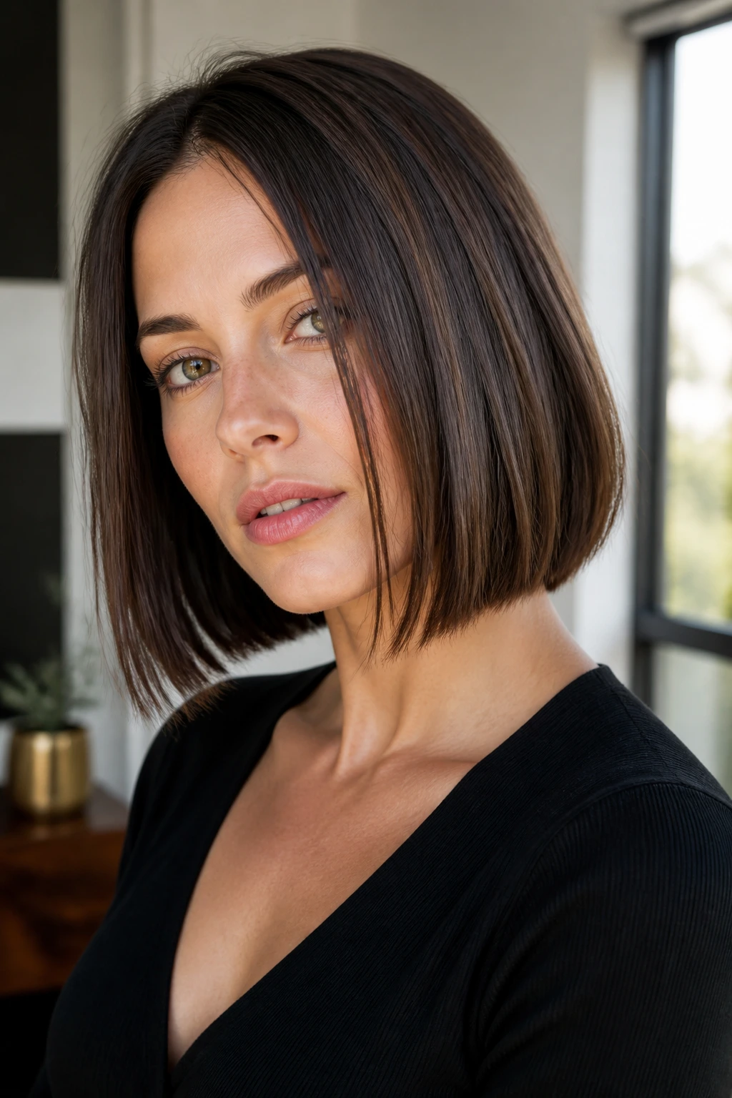 Close-up of a real woman with a blunt bob and hidden internal layers