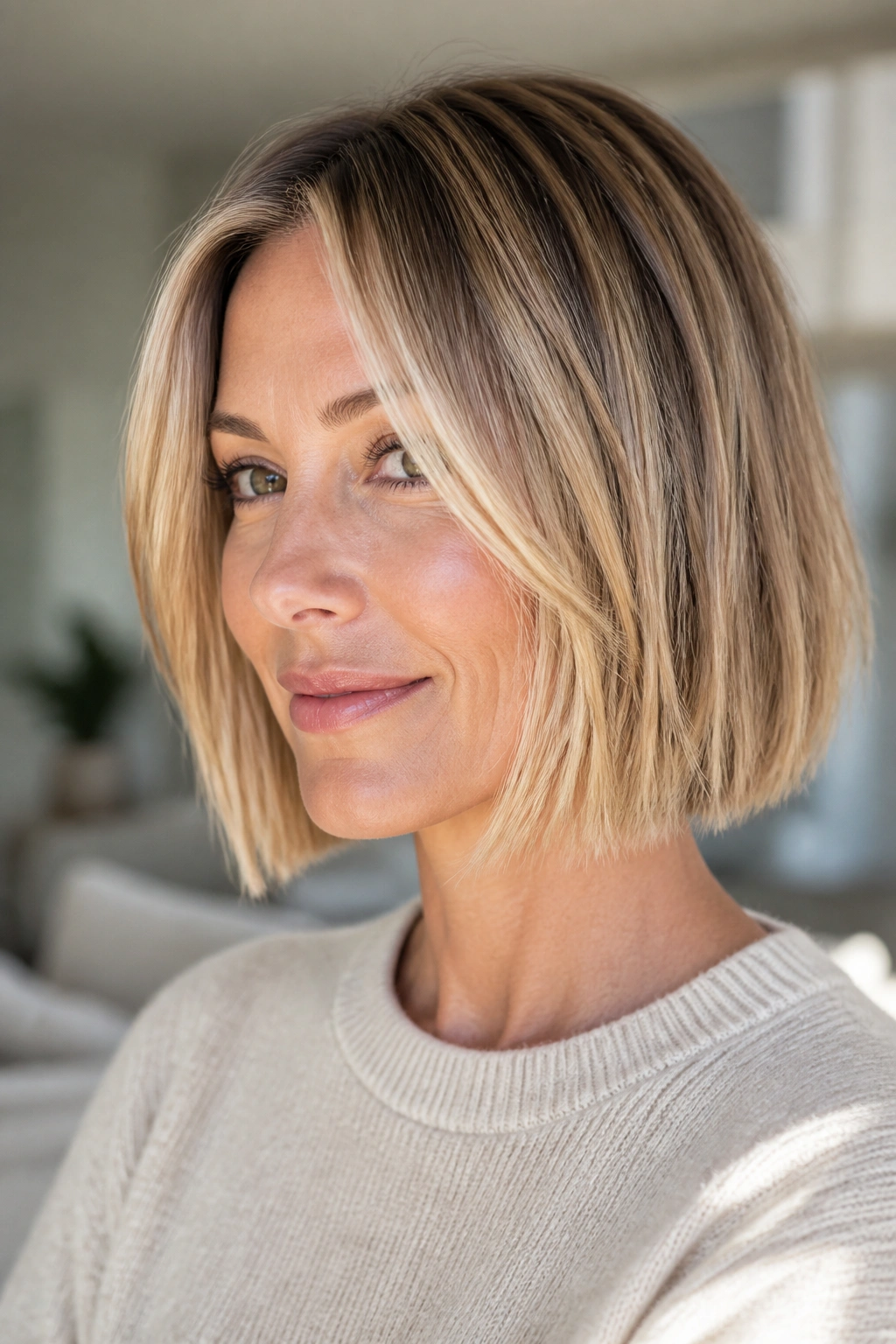 Close-up of real woman with blunt bob and hidden layers in blonde