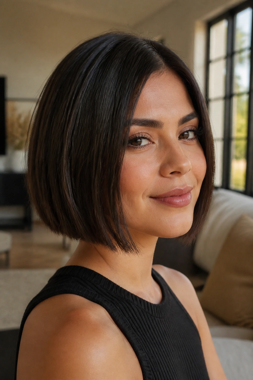 Real person with a blunt bob and subtle internal movement in daylight-filled living room