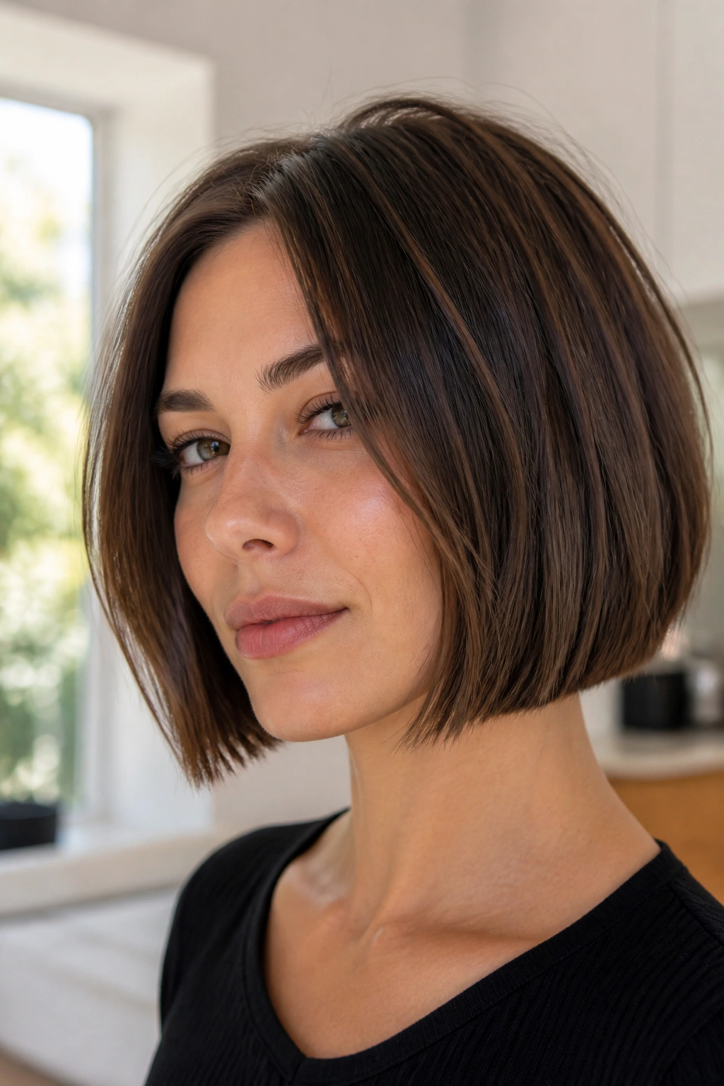 Close-up portrait of a real woman with a blunt bob and hidden texture.