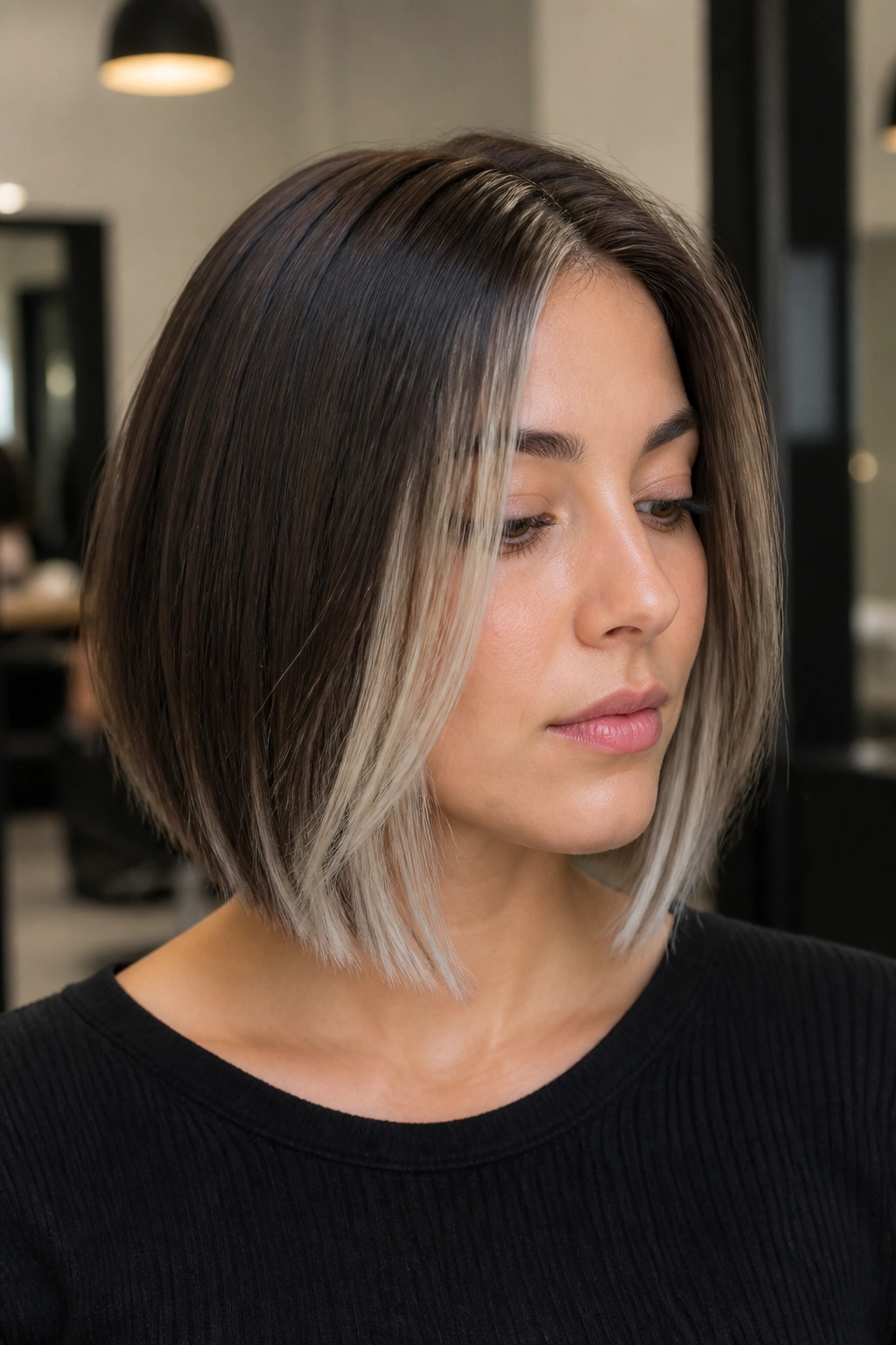 Close-up of a blunt bob with subtle white highlights under the top layer.