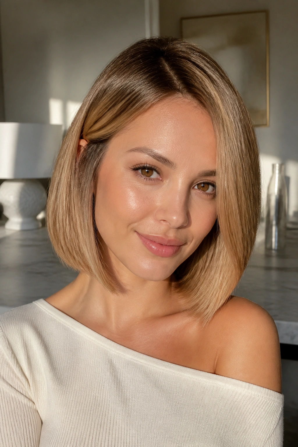 Real woman with sleek honey blunt bob, polished ends, warm honey color