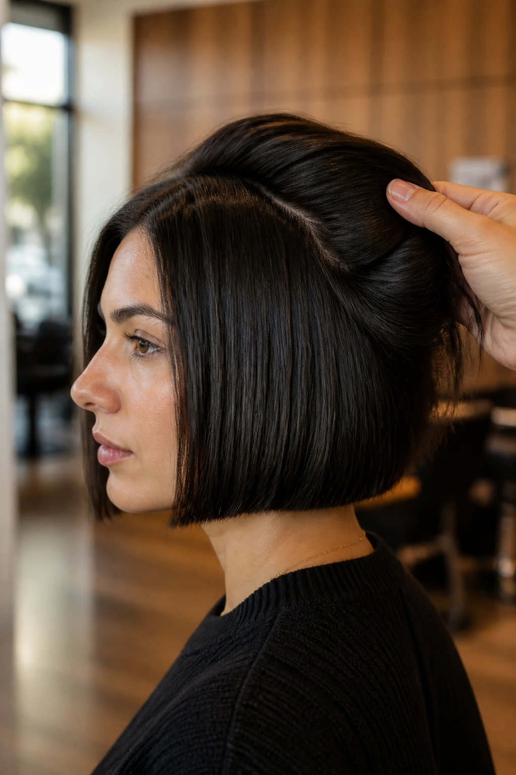Close-up portrait of a real woman with a blunt bob showing stacking at the crown