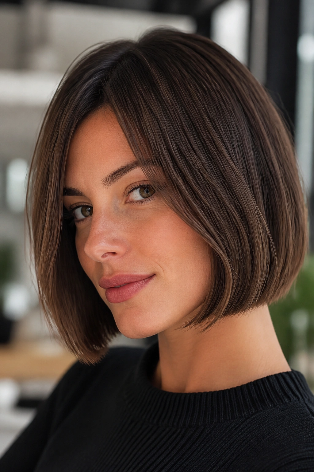 Close-up of a real woman with blunt bob and internal texture in soft indoor light
