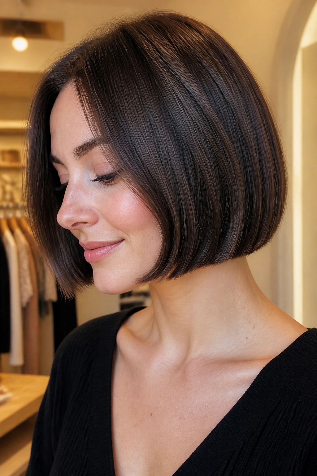 Portrait of a real woman with blunt bob showing internal weight removal