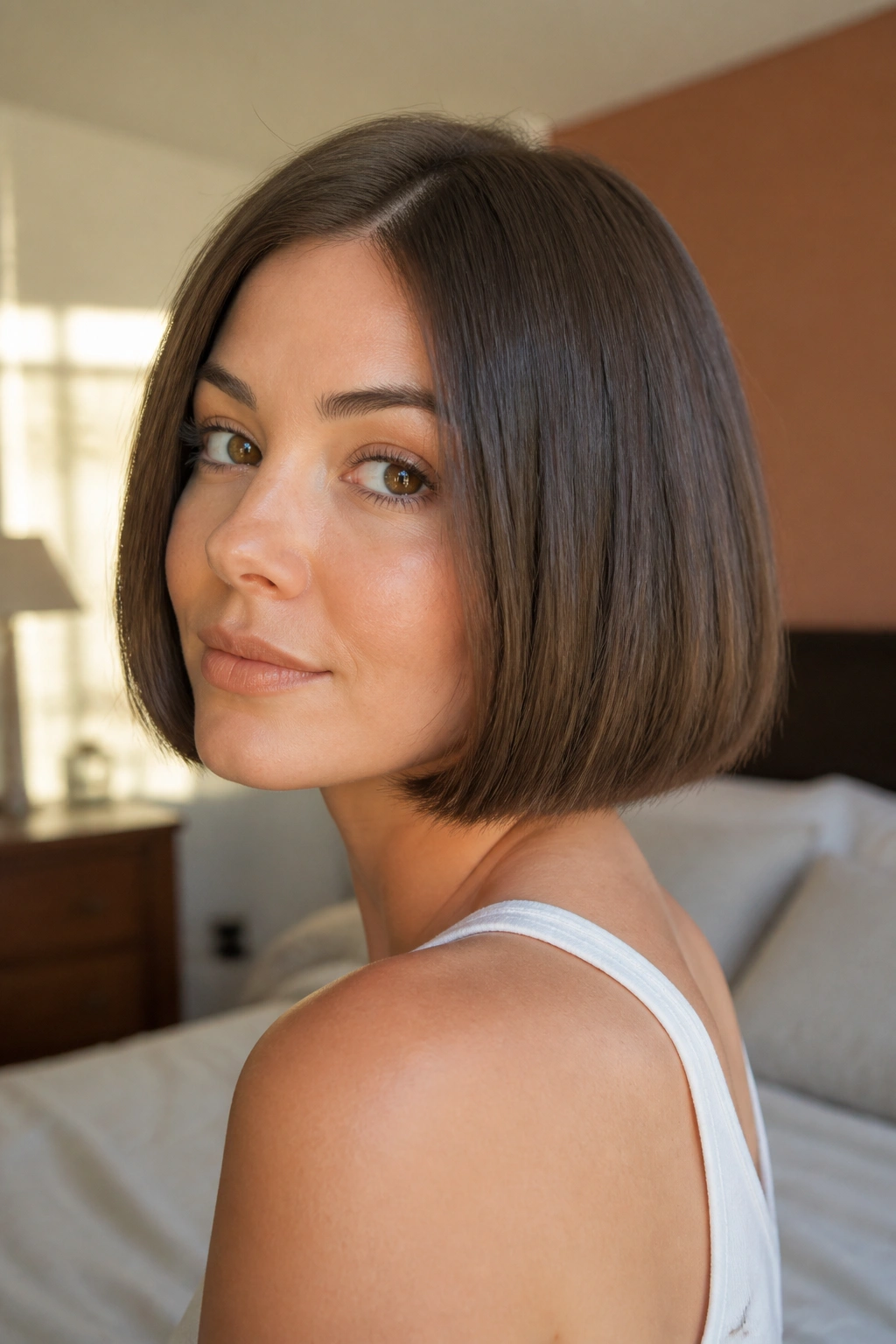 Close-up portrait of a real woman with a blunt chin-length bob and invisible layers