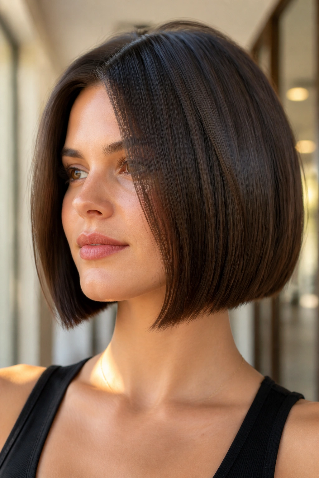 Portrait of a real woman with blunt bob and invisible layers showing a crisp edge.