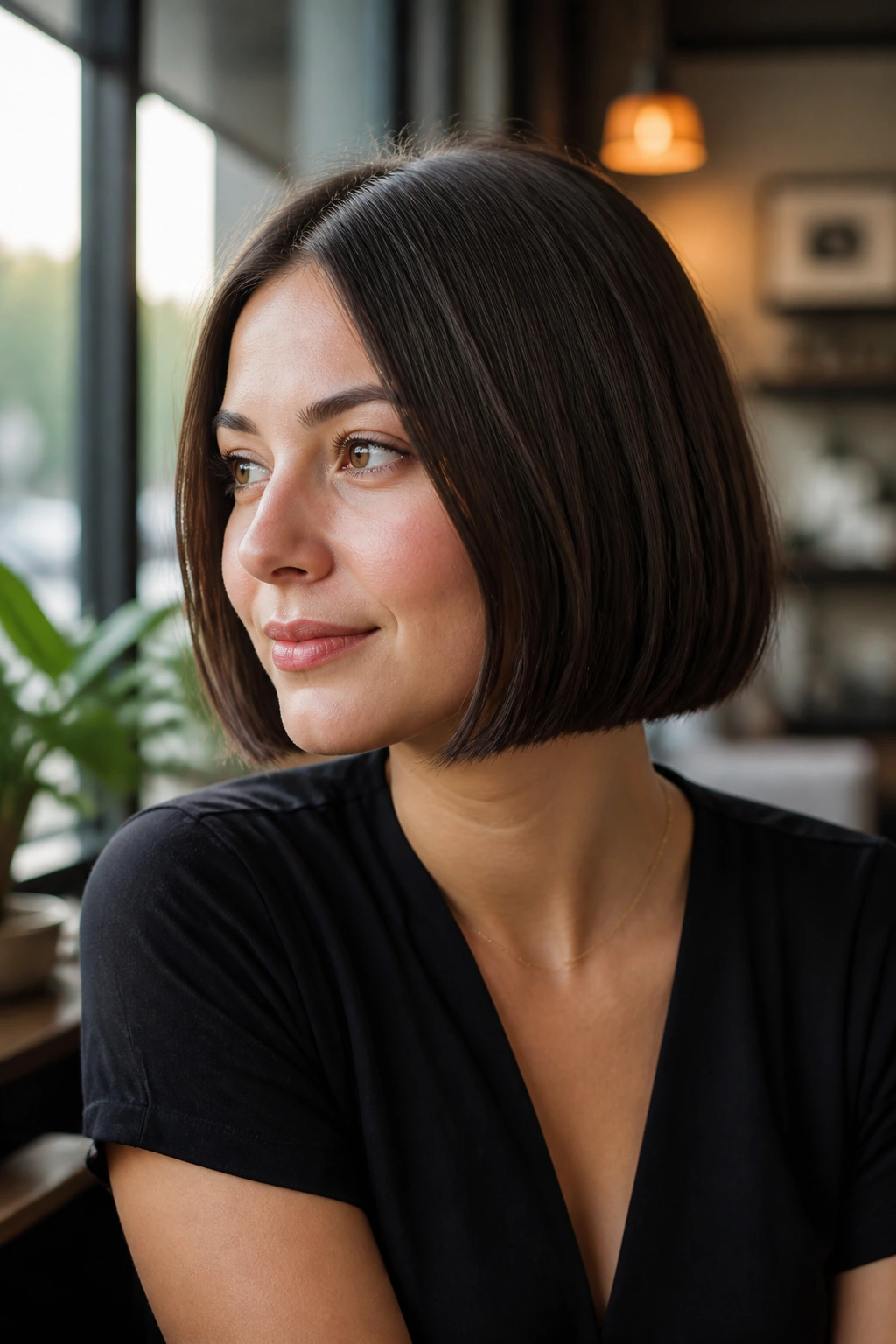 Portrait of a woman with blunt bob and invisible layers.