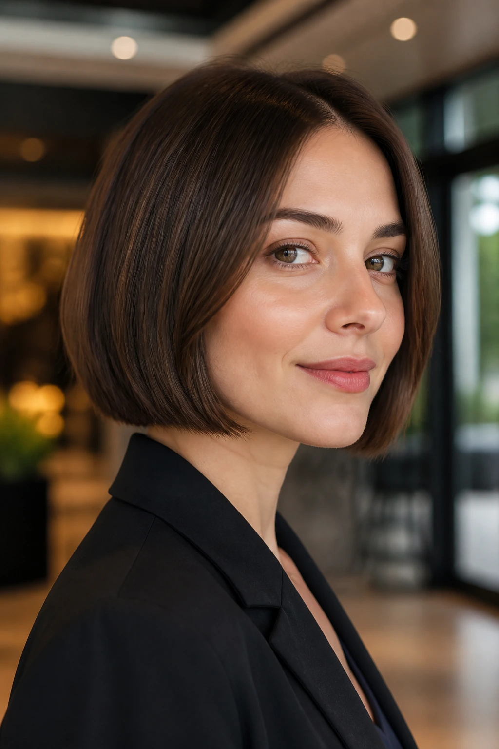 Close-up portrait of a real woman with a blunt bob and invisible layers