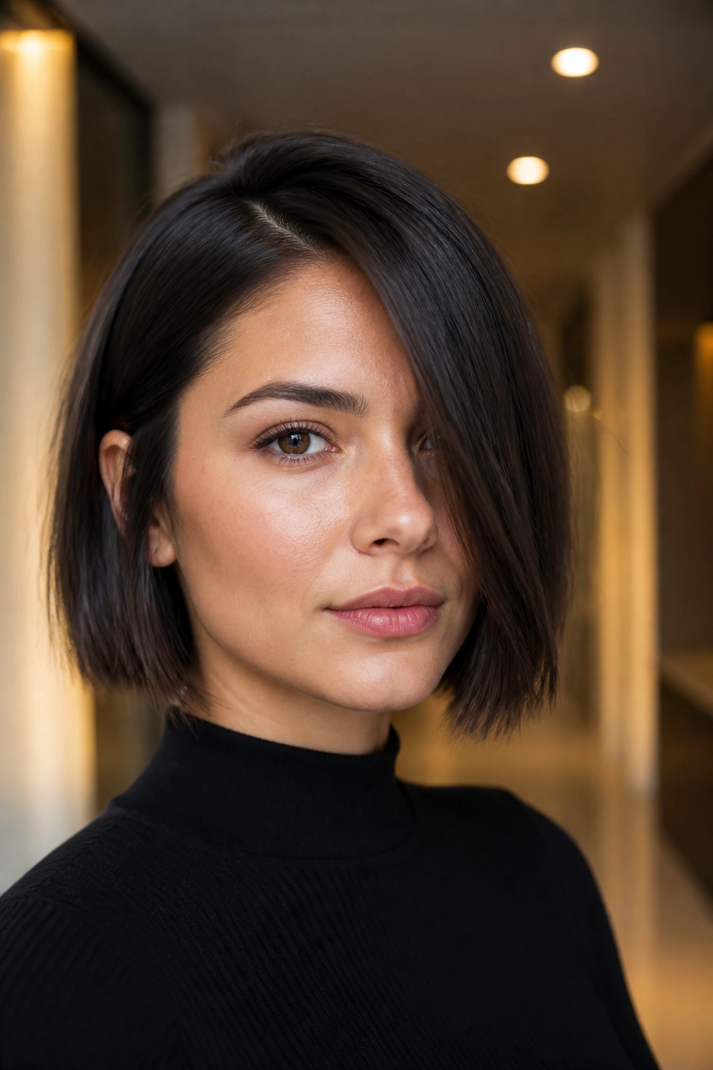 Portrait of a real woman with a jaw-skimming blunt bob and deep side part.