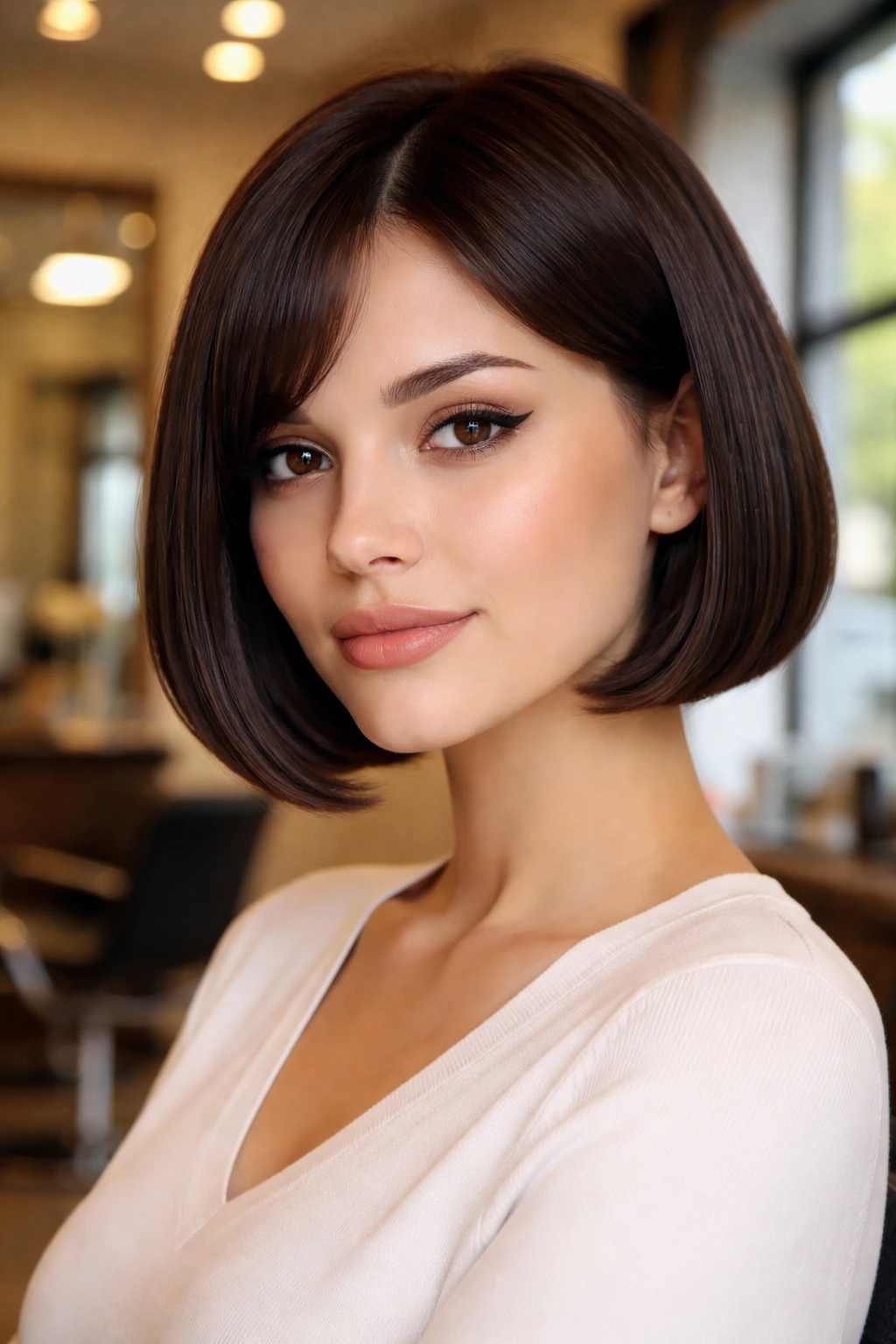 Close-up portrait of a real woman with a jaw-length blunt French bob in a chic salon