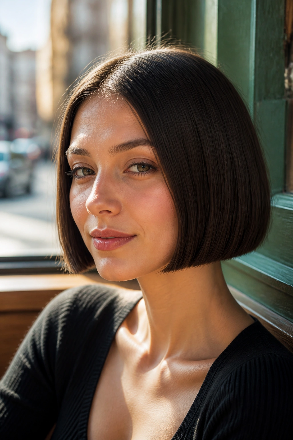 Close-up portrait of a real woman with a blunt chin-length bob in warm cafe light