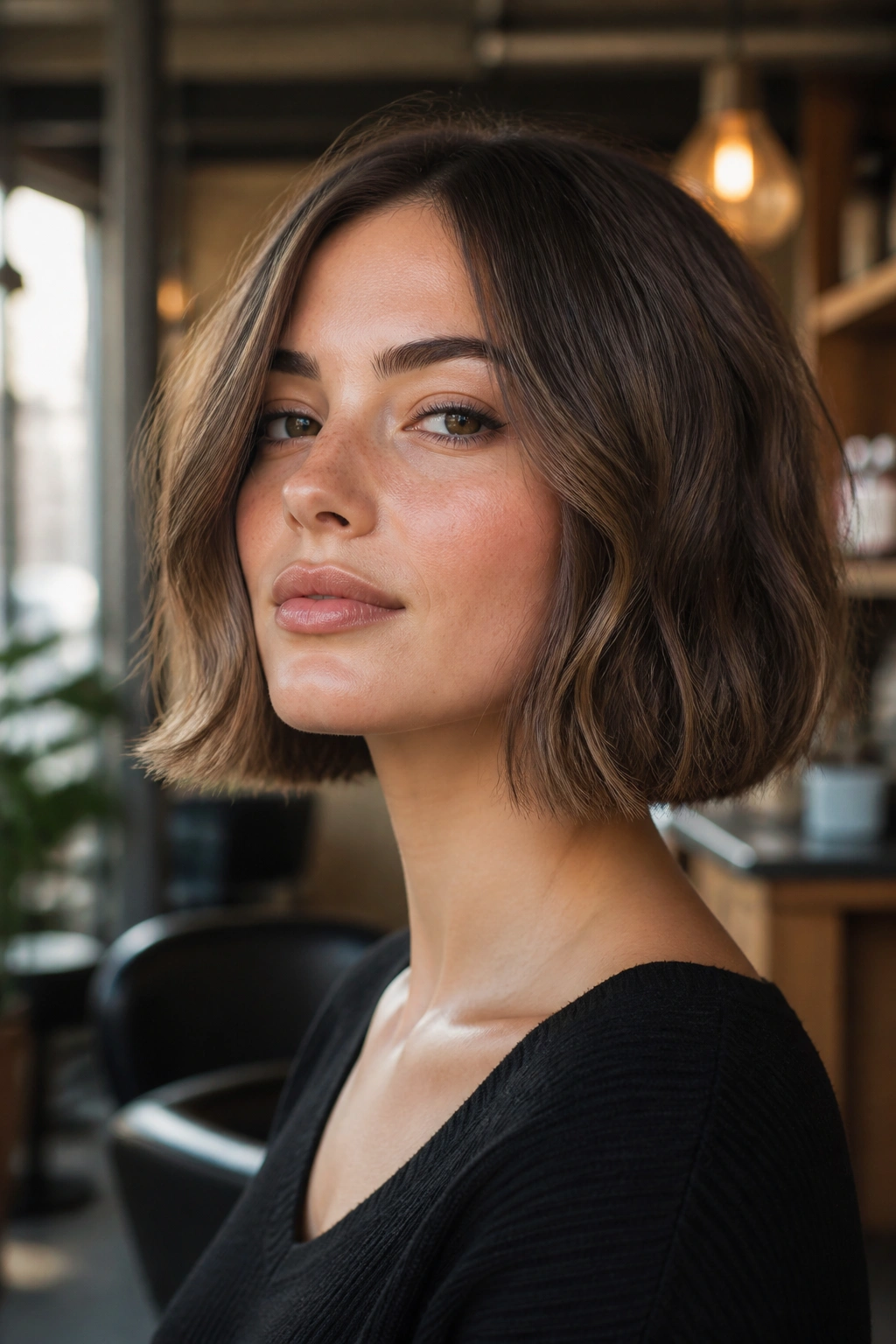 Close-up of a woman with a chin-length blunt bob and soft waves