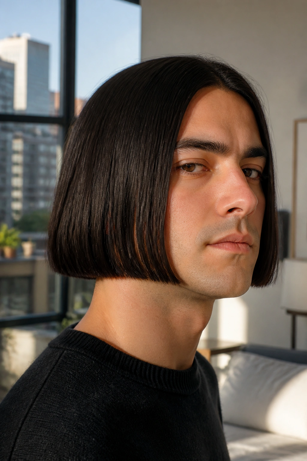 Close-up portrait of a man showing a blunt bob with level, sharp ends.